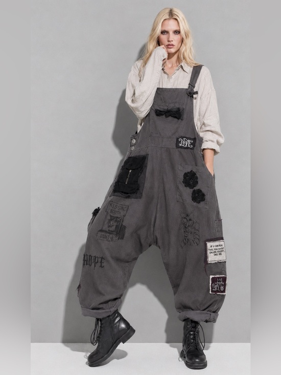 Hand Crafted Pants - “Clochard de Luxe “  Gray Patchwork Overalls with Black Accents